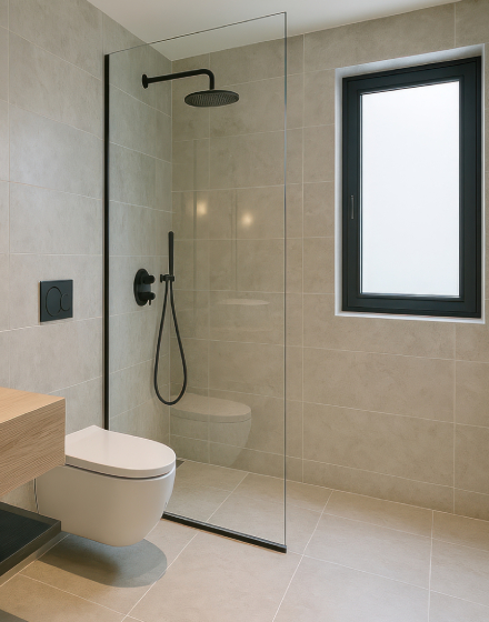 Standard Duschabtrennung in Glaswand im Bad – Installation durch HATEGRA Mosbach für Dusche ohne Schwelle